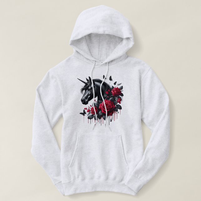 Schwarzes Einhorn umgeben von lebhaften Rote Rosen Hoodie (Design vorne)