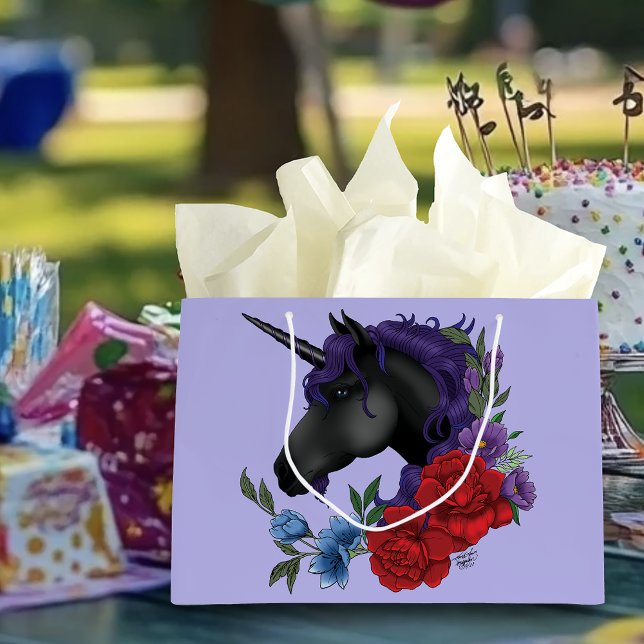 Schwarzes Einhorn und Blume Große Geschenktüte (Von Creator hochgeladen)