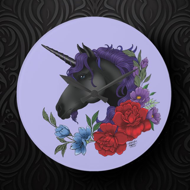 Schwarzes Einhorn und Blume Große Wanduhr (Von Creator hochgeladen)