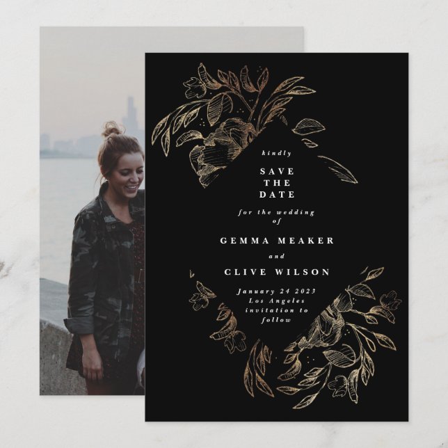 Schwarzes, elegantes, handgezeichnetes botanisches save the date (Vorne/Hinten)