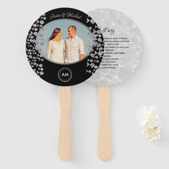 Schwarzes elegantes Hochzeitsprogramm mit Foto Fächer (Vorne und Hinten)