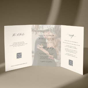 Schwarzes Elfenbein Foto Hochzeit RSVP Details QR- Dreifach Gefaltete Einladung
