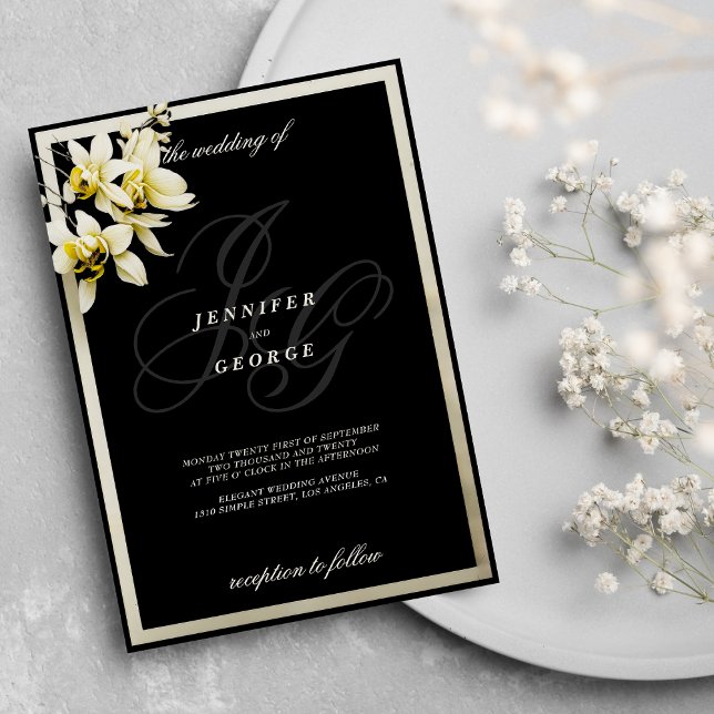 Schwarzes Elfenbein-Monogramm-Initialen Einladung (Black ivory monogram initials orchid wedding )