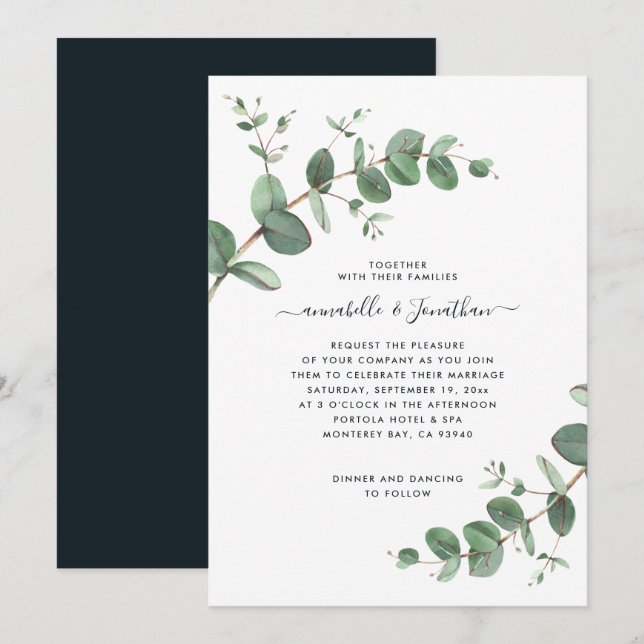 Schwarzes Eukalyptus-botanisches Blattwerk modern Einladung (Vorne/Hinten)