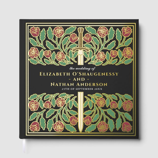 Schwarzes Fantasy-Royal-Mittelalter-Schwert Hochze Gästebuch (Vorderseite)