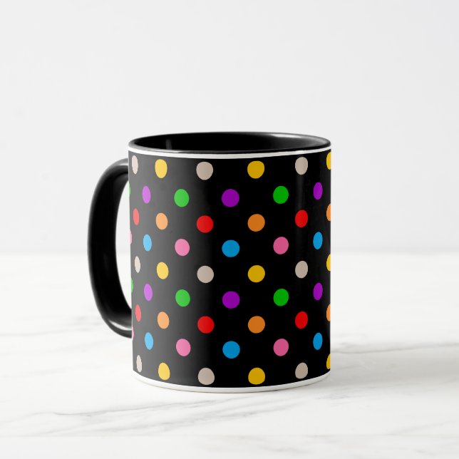 Schwarzes farbenfrohes Regenbogen-Punkte-Design  Tasse (Vorderseite Links)