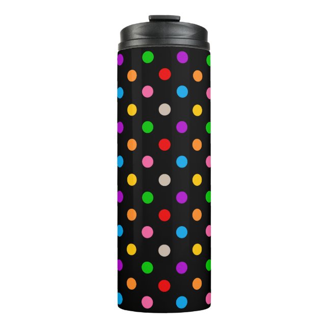 Schwarzes farbenfrohes Regenbogen-Punkte-Design  Thermosbecher (Vorderseite)