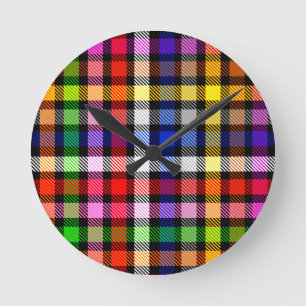 Schwarzes farbenfrohes Twill-Karo-Tartan-Design Runde Wanduhr