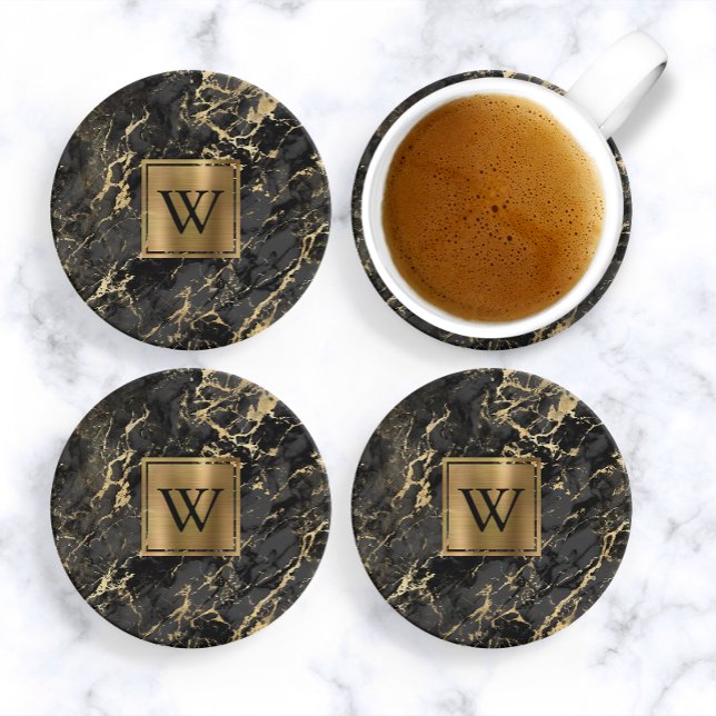 Schwarzes Faux-Marmor-Gold-Monogramm Getränkeuntersetzer (Von Creator hochgeladen)