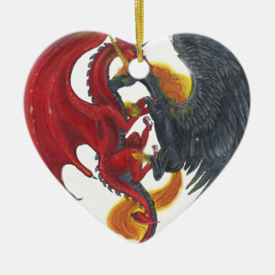 Schwarzes Feuer-Einhorn und roter Drache Keramikornament