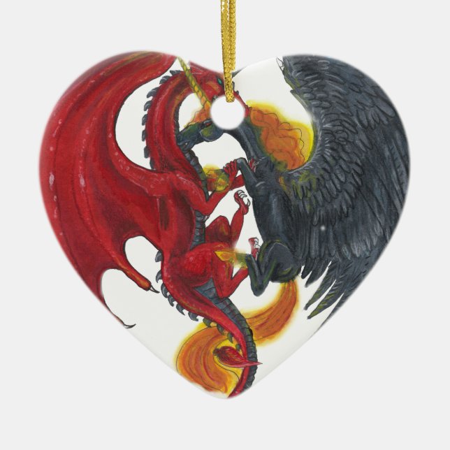 Schwarzes Feuer-Einhorn und roter Drache Keramikornament (Vorne)