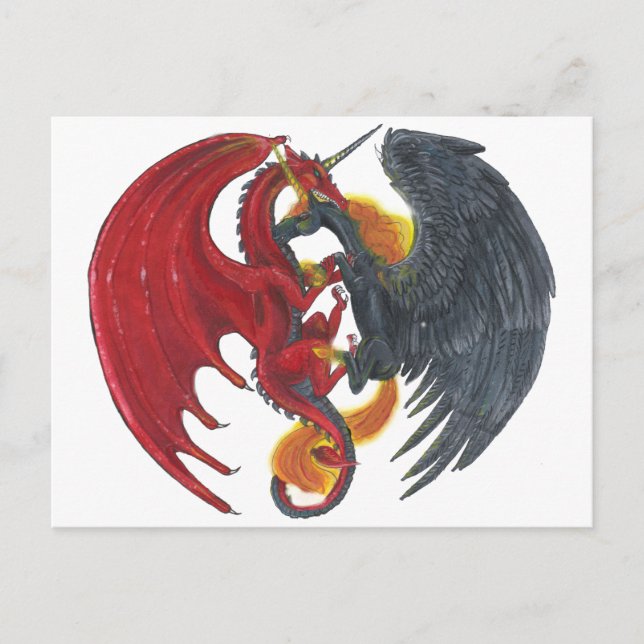 Schwarzes Feuer Einhorn und Roter Drache Postkarte (Vorderseite)