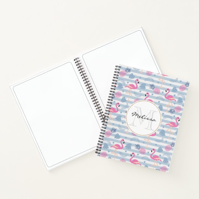 Schwarzes Flamingo-Ananas-Muster Monogramm Notizbuch (Innenseite)