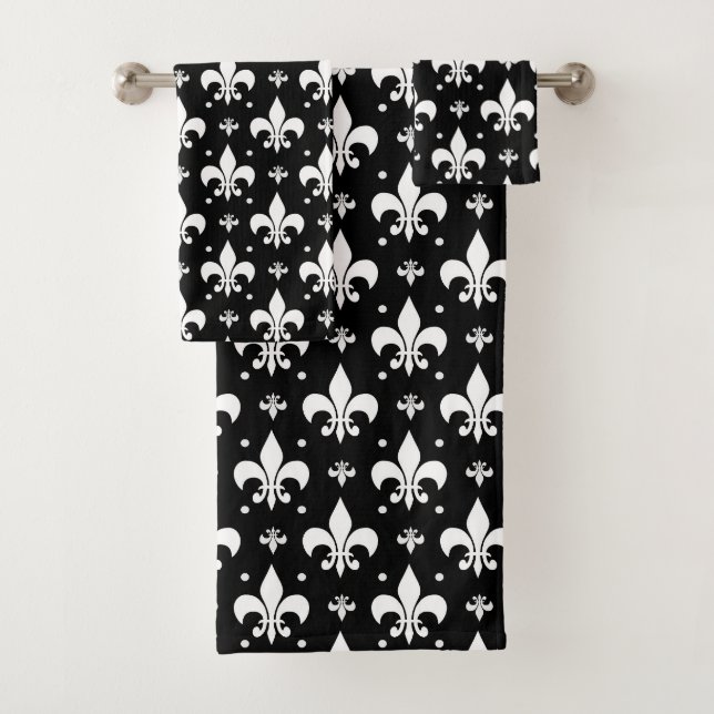 Schwarzes Fleur-de-lis-Muster Badhandtuch Set (Insitu)
