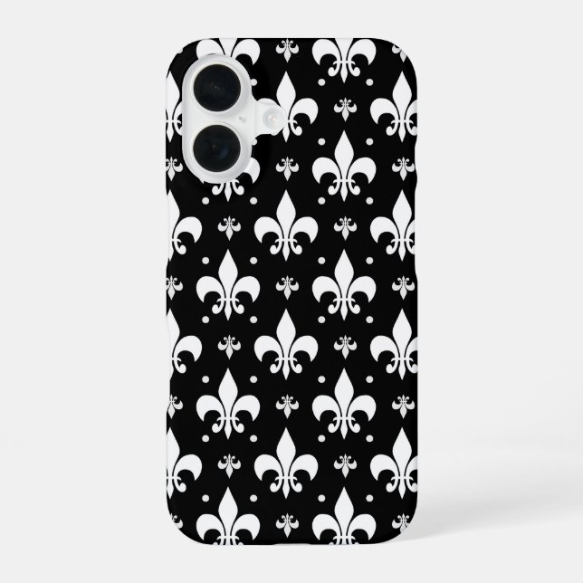 Schwarzes Fleur-de-lis-Muster iPhone 16 Hülle (Rückseite)