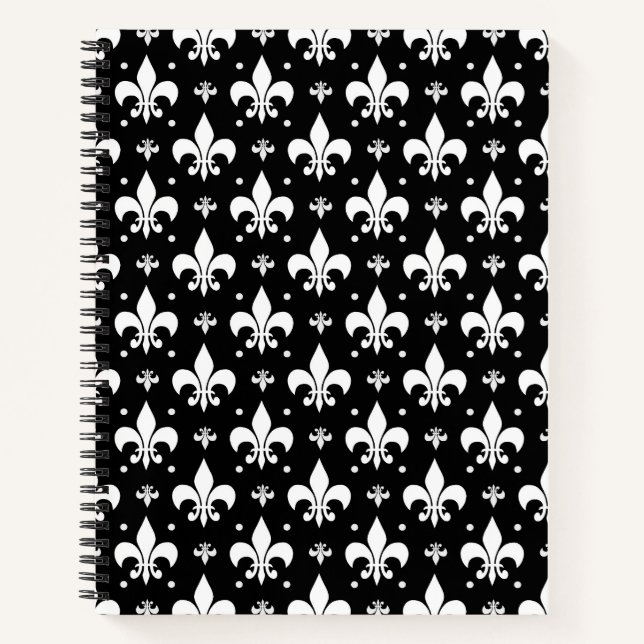 Schwarzes Fleur-de-lis-Muster Notizbuch (Vorderseite)