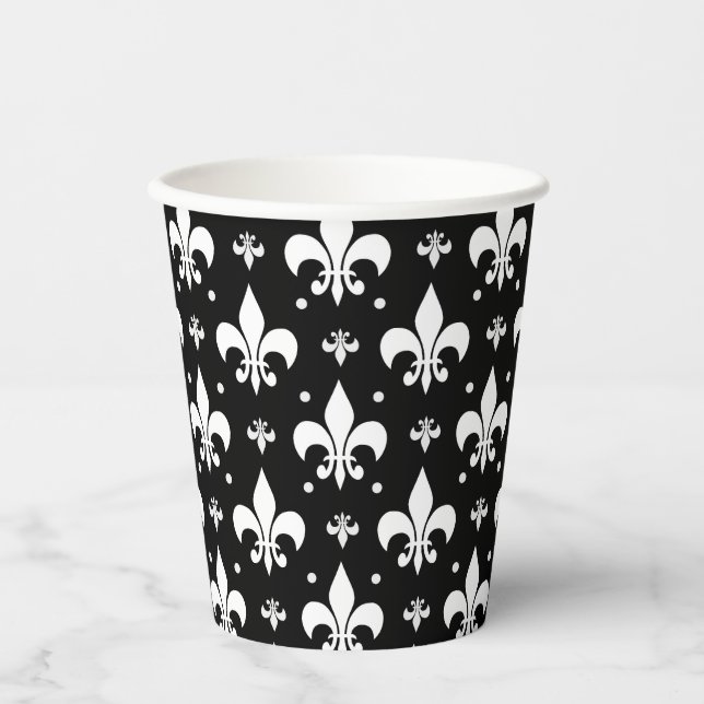Schwarzes Fleur-de-lis-Muster Pappbecher (Vorderseite)