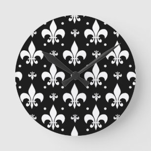 Schwarzes Fleur-de-lis-Muster Runde Wanduhr