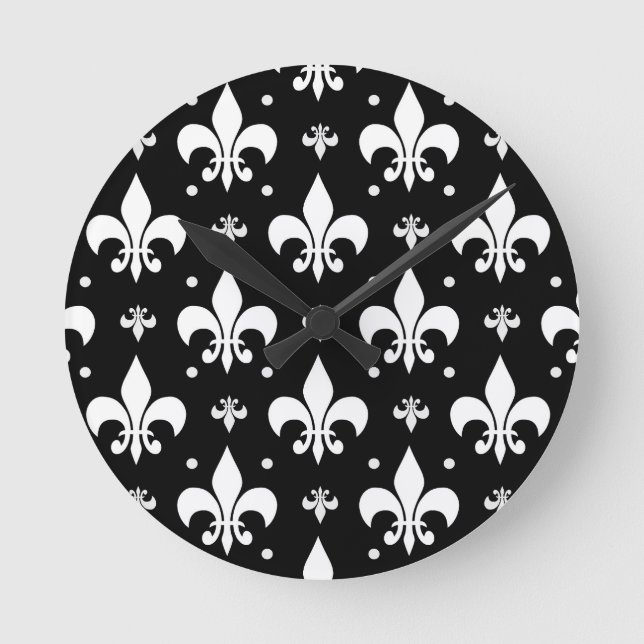 Schwarzes Fleur-de-lis-Muster Runde Wanduhr (Vorderseite)