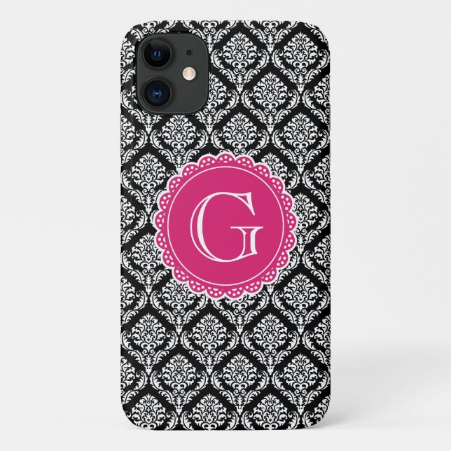 Schwarzes Floral Damask Muster Hot Pink Monogramm Case-Mate iPhone Hülle (Rückseite)