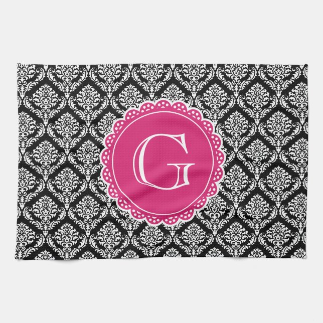Schwarzes Floral Damask Muster Hot Pink Monogramm Handtuch (Horizontal)