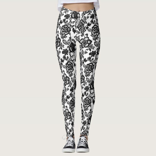 Schwarzes Floral-Lace-Muster Leggings (Vorderseite)