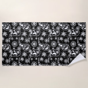 Schwarzes Floral Paisley Illustration Muster Desig Strandtuch