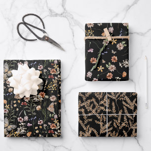 Schwarzes Floral Wrapping Paper Geschenkpapier Set