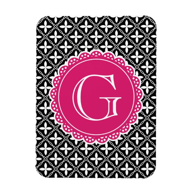 Schwarzes, florales Gittermuster Hot Pink Monogram Magnet (Vertikal)