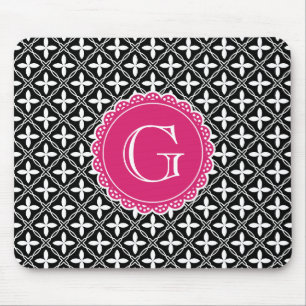 Schwarzes, florales Gittermuster Hot Pink Monogram Mousepad