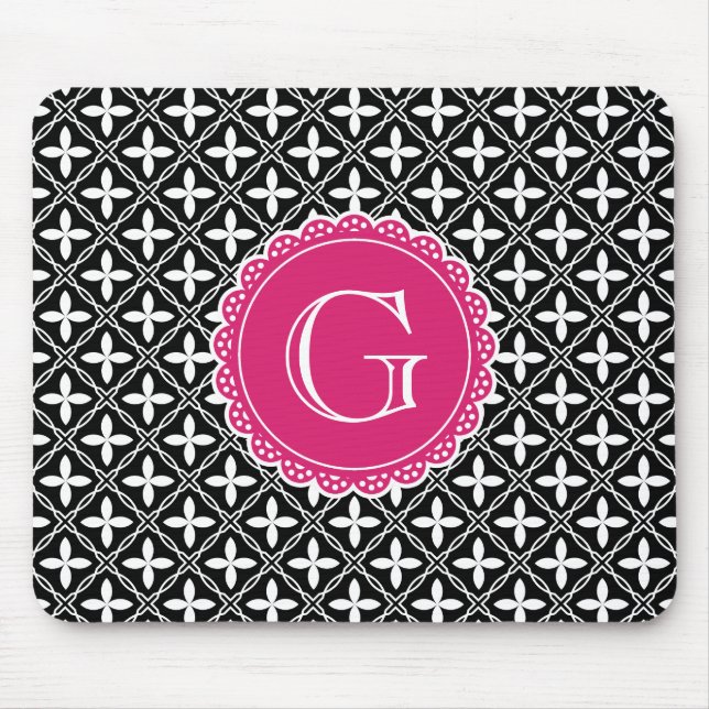Schwarzes, florales Gittermuster Hot Pink Monogram Mousepad (Vorne)