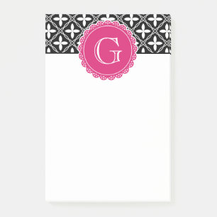 Schwarzes, florales Gittermuster Hot Pink Monogram Post-it Klebezettel