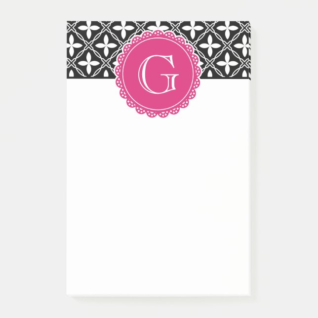 Schwarzes, florales Gittermuster Hot Pink Monogram Post-it Klebezettel (Vorderseite)