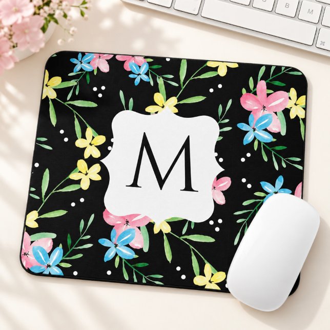 Schwarzes florales Monogramm Mousepad (Von Creator hochgeladen)