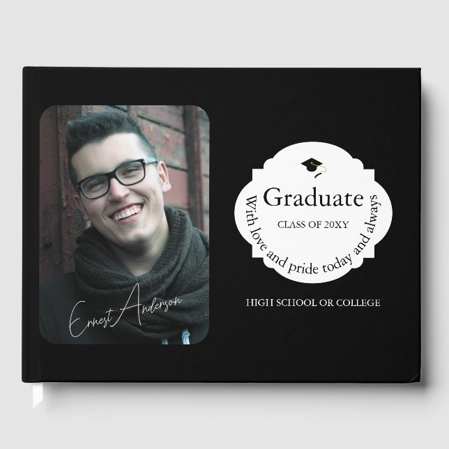 Schwarzes Foto Graduate Einfach Eleganter Abschlus Gästebuch (Vorderseite)