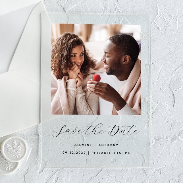 Schwarzes Foto-Hochzeitsschreiben speichern Sie da Acryleinladungen (Von Creator hochgeladen)