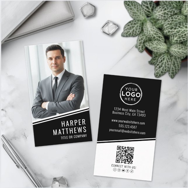 Schwarzes Foto QR-Code Logo Vertikal Visitenkarte (Black Photo QR Code Logo Vertical Business Card )