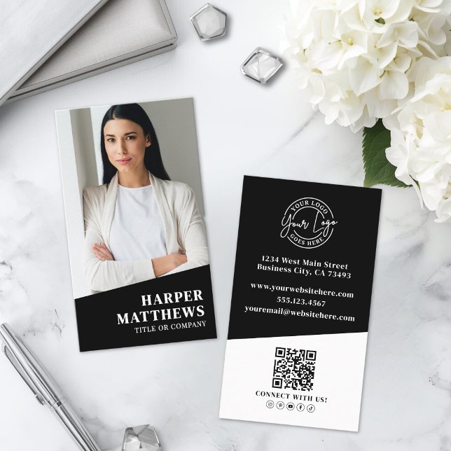 Schwarzes Foto QR-Code Logo Vertikal Visitenkarte (Black Photo QR Code Logo Vertical Business Card )