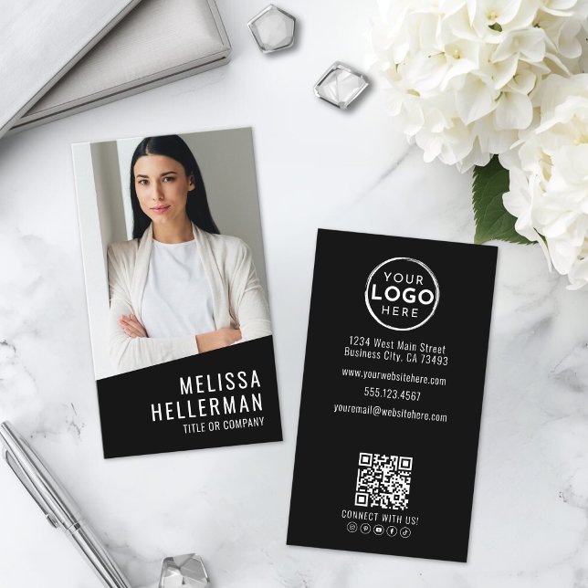 Schwarzes Foto QR-Code-Logo Vertikal Visitenkarte (Black Photo QR Code Logo Vertical Business Card )