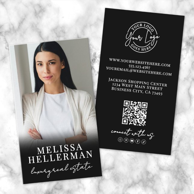 Schwarzes Foto QR-Code Skript Logo Vertikal Visitenkarte (Black Photo QR Code Script Logo Vertical Business Card)