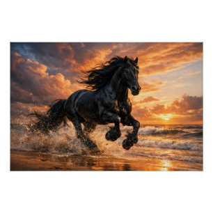 Schwarzes Friesenpferd bei Sonnenuntergang, Machvo Poster