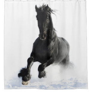Schwarzes Friesisches Pferd im Schnee Duschvorhang