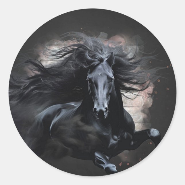 Schwarzes Friesisches Pferd Runder Aufkleber (Vorderseite)