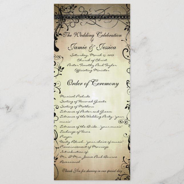 Schwarzes Funky Elegantes Wirbel Hochzeitsprogramm Programm (Vorderseite)