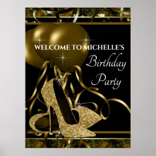 Schwarzes Geburtstags-Party-Schild mit goldenen Hi Poster