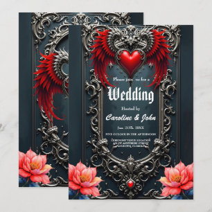 Schwarzes geflügeltes Herz  Gothic Romance Elegant Einladung