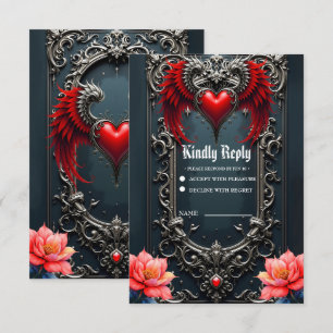 Schwarzes geflügeltes Herz Gothic Romance Elegant RSVP Karte