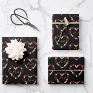 Schwarzes Geschenkpapier mit rosa und rotem Herzen Set