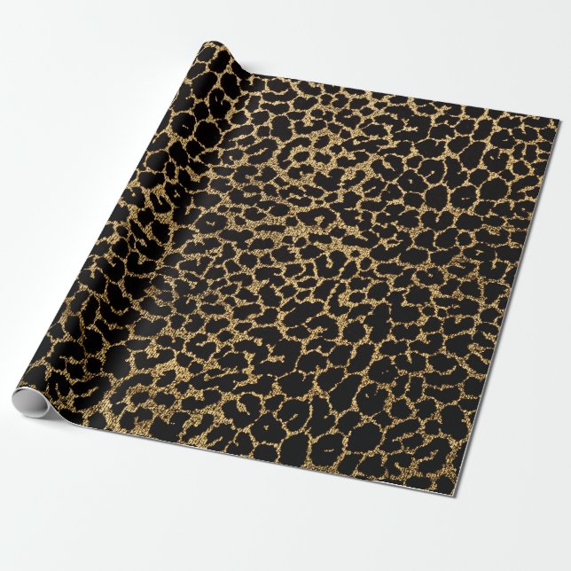 Schwarzes Gewebe mit metallisch goldgelbem Leopard Geschenkpapier (Ungerollt)
