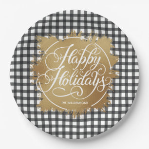 Schwarzes Gingham-Karo Gold-Faux-Folie Feiertage Pappteller